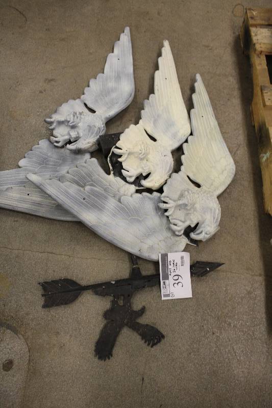 lot 39 image: Black Outdoor Weather Vane (1) and Large Eagle Artistic Appliques (3), Eagles are 36 wide