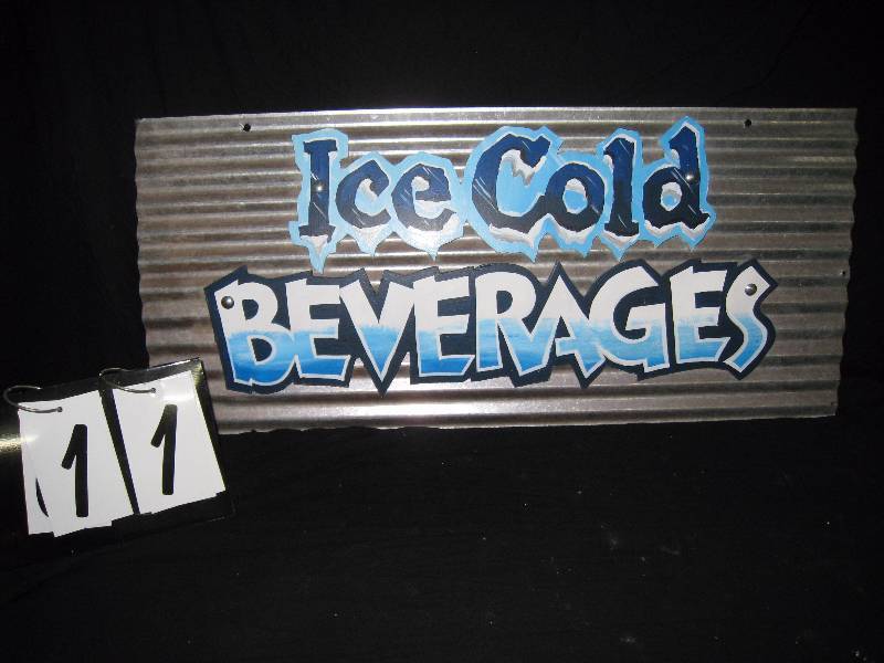 lot 11 image: Ice Cold Beverages mounted on galvanized tin, NOS New Old Stock from Famous Daves