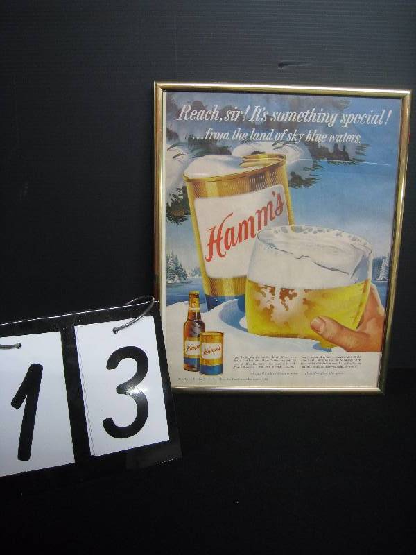 lot 13 image: framed Hamms magazine ad from the 50s