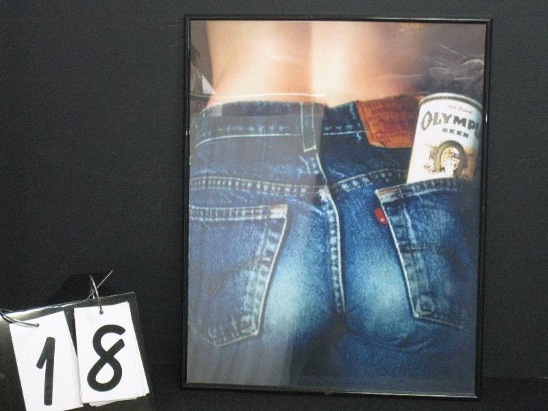 lot 18 image: Framed print of Olympia beer can in girls jeans pocket - nice butt