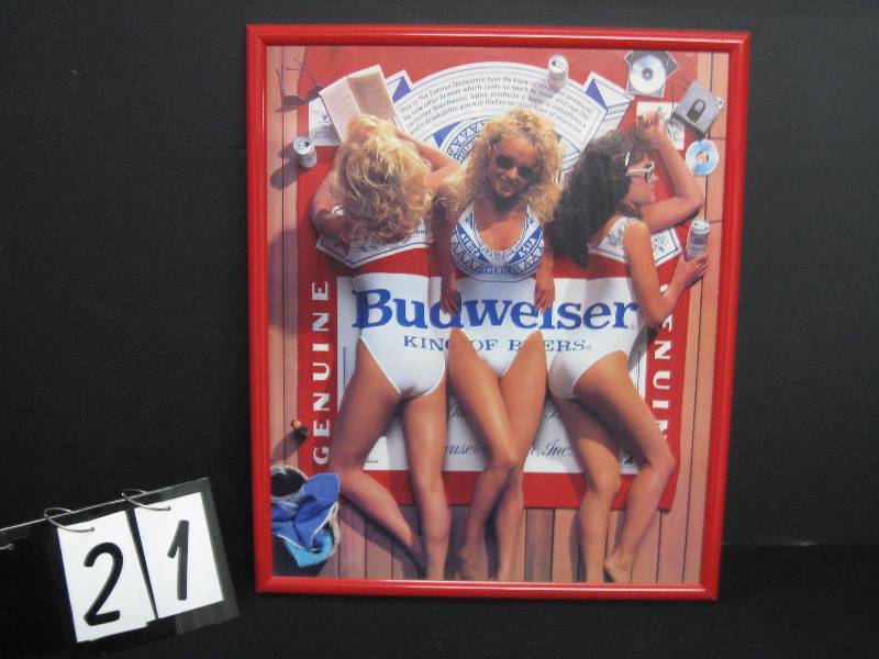 lot 21 image: Classic Budweiser beach babes - Framed print of girls in Budweiser swimsuits