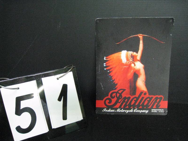 lot 51 image: Indian Motorcycle sign, with nude female archer, painted tin, not old
