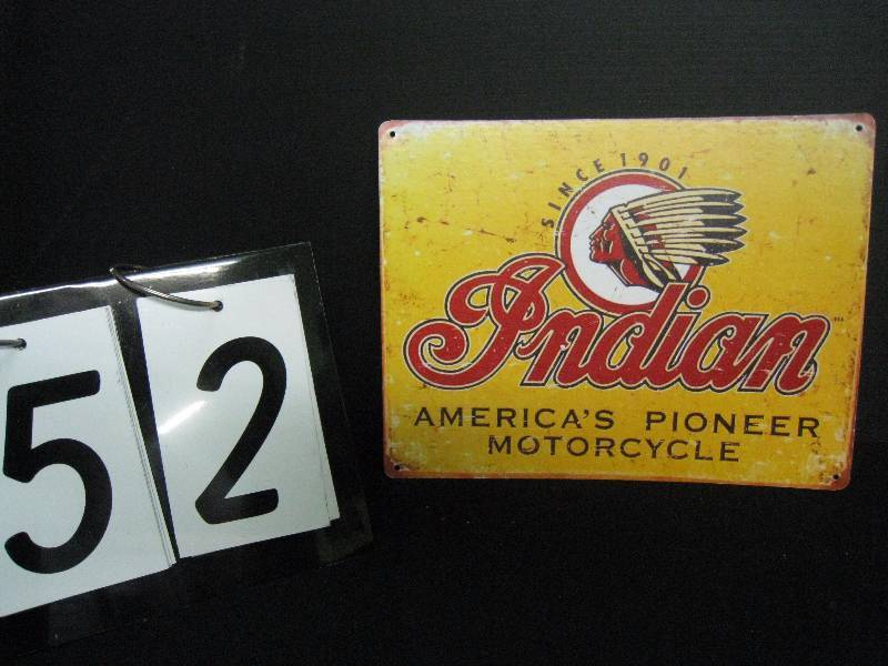 lot 52 image: Indian Motorcycle sign, painted tin, made to look old