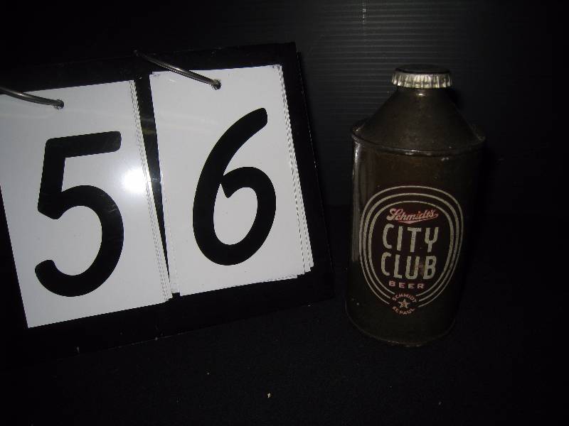 lot 56 image: Schmidts City Club cone top beer can, nice condition for its age