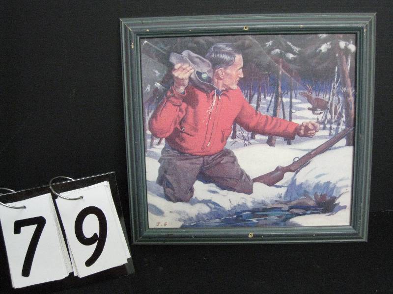 lot 79 image: Framed print - man with running deer