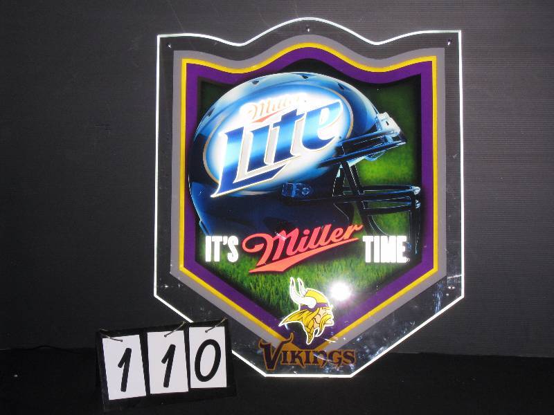 lot 110 image: Lite - Its Miller Time - MN Vikings LED light up - pictures do not show how gorgeous this sign is, New - looks awesome