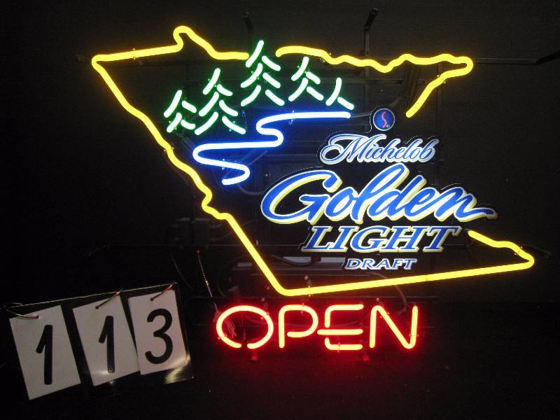 lot 113 image: Michelob Golden Light  MN state outline with OPEN (open can be turned on  off independently) - NEW