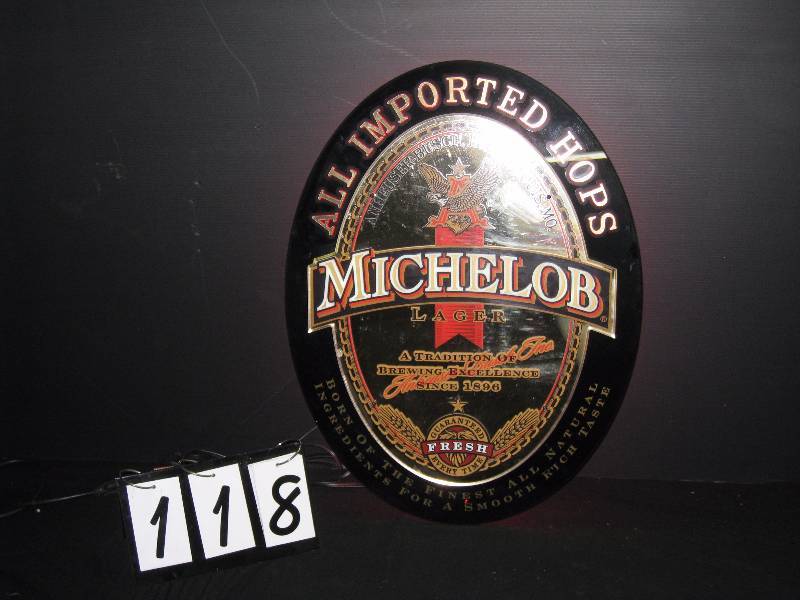 lot 118 image: Michelob three color neon back lit oval mirror, excellent condition