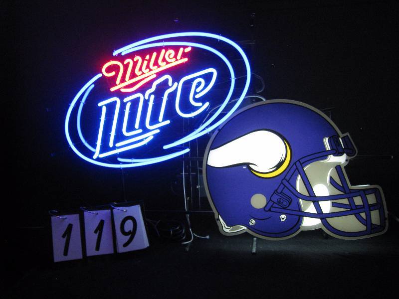 lot 119 image: Miller lite beer - MN Vikings football, like new, rare version of helmet sign