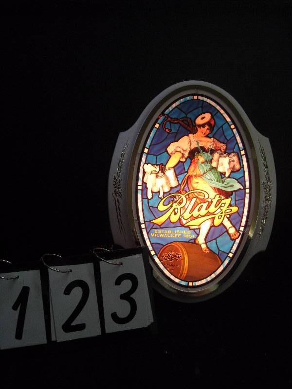 lot 123 image: Blatz lit stained glass look Valerie girl, NOS