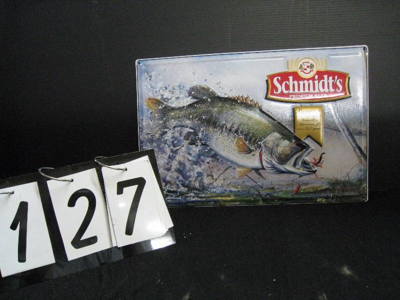 lot 127 image: Schmidt Beer bass embossed metal sign NOS