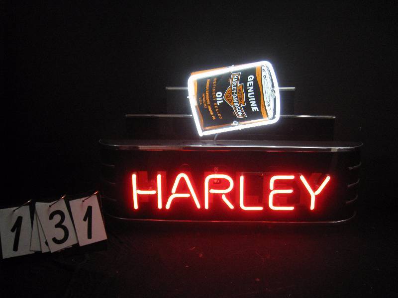 lot 131 image: Custom made Harley-Davidson neon, very cool art deco look, oil can is porcelain sign panel