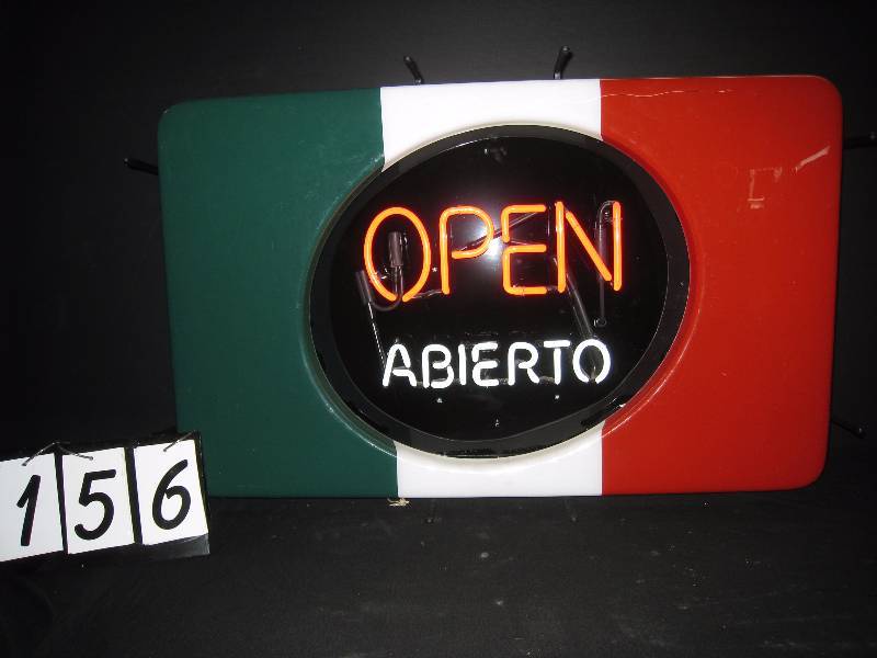 lot 156 image: Open  Abierto neon with backlit Mexican flag background, OPEN  Abierto turns off independently perfect for restaurant, bar or convenience store