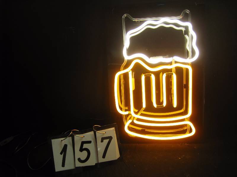 lot 157 image: neon beer mug, vintage glass frame mounted beer mug, recently mounted to black sign panel for ease of hanging - as seen in Netflixs original series Lady Dynamite