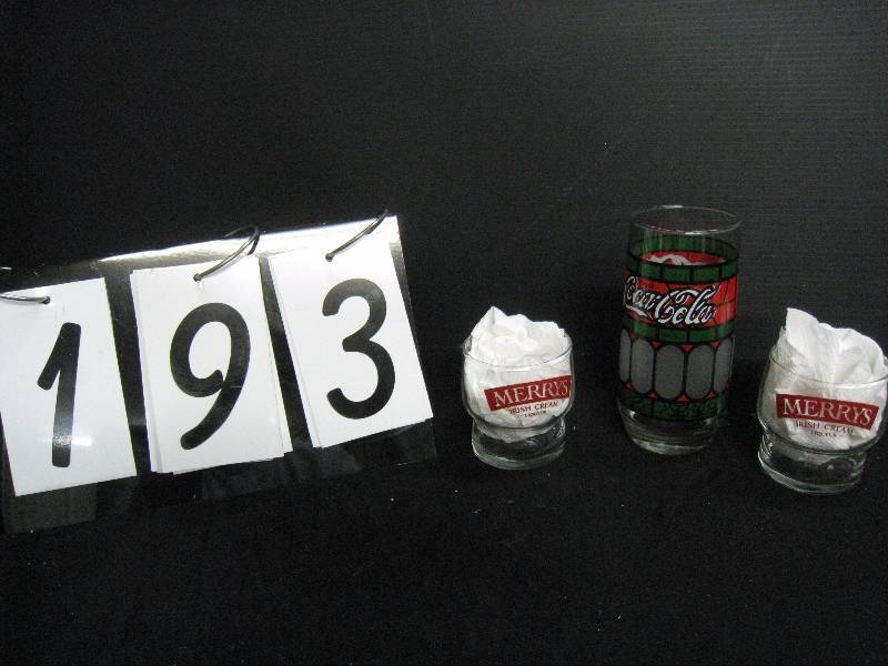 lot 193 image: Cocoa-Cola Christmas  holiday glass, 2 Merrys Irish Cream glasses