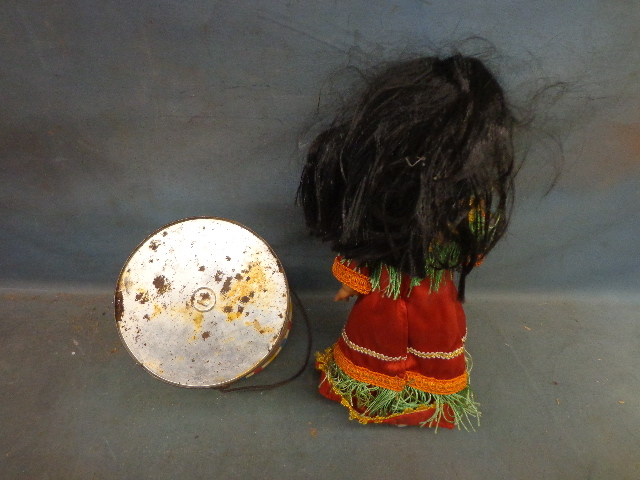Tin Circus Sand Bucket & Plastic Gypsy Doll