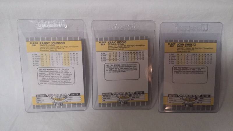 Rookie Cards of 3, Randy Johnson, Craig Biggio, and John Smoltz.