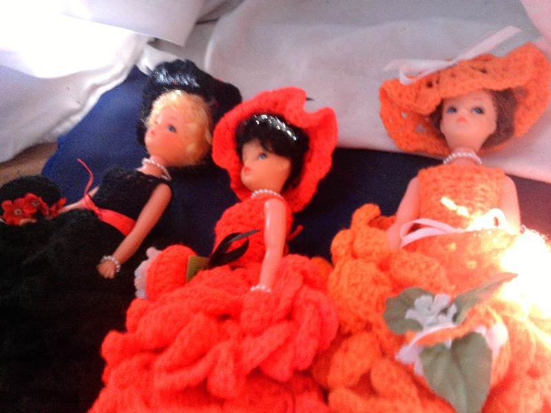 3 barbies with handcrafted dresses