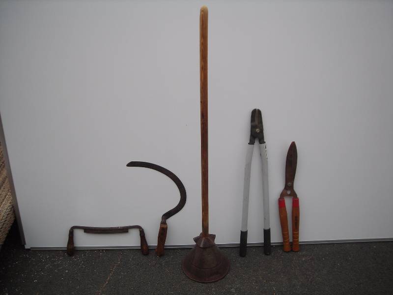 5 Hand Implements Washer, Seythe, Draw Plane, 2 Pruners