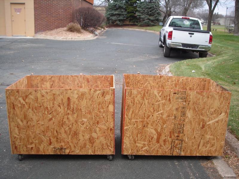 2- Particle Board Storage Bins With Castors 39 x 43 x 36 Tall