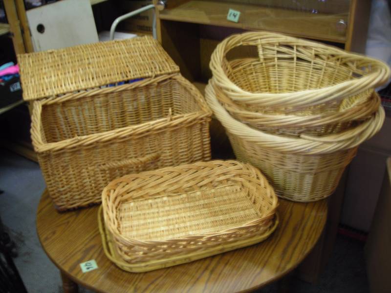 Assorted Wicker Laundry Baskets, Picnic Basket, Trunk, Trays
