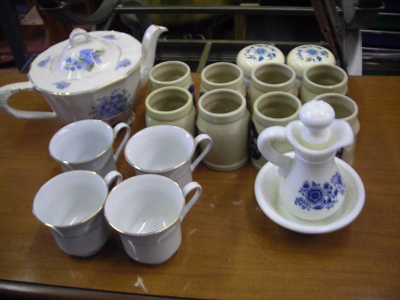 Crown Dorset, Staffordshire England Tea Pot, 4- Cups, 8- Ceramic Milk Can Juice Glasses, Avon Collectibles