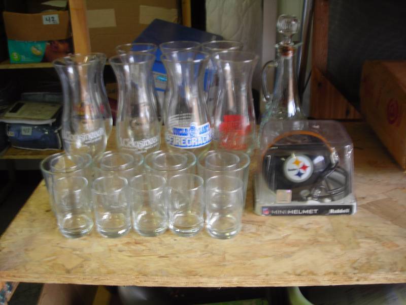 Bar Sports Glasses, Decanter, Steelers Mini Helmet Collectible