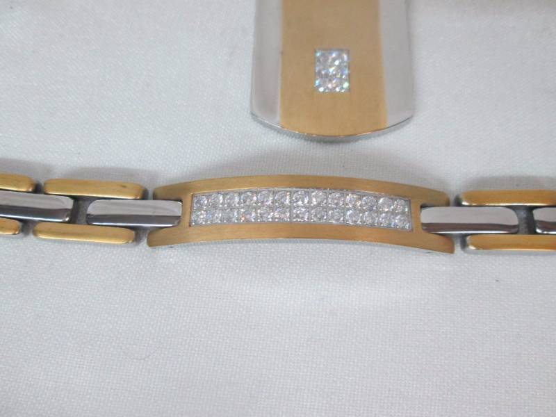 lot 71 image: Two-Tone Stainless Steel CZ Dog Tag & Bracelet Set