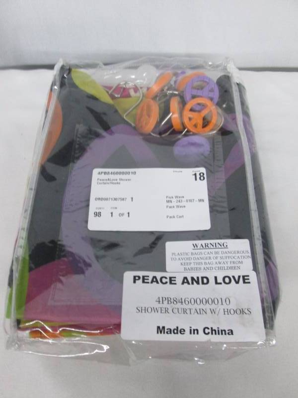 lot 62 image: Peace & Love Shower Curtain w Hooks