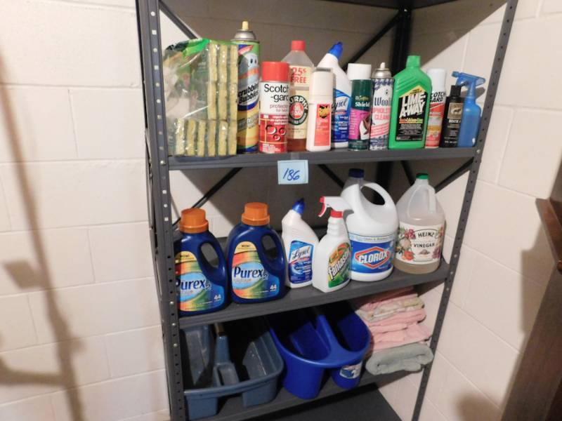 lot 186 image: shelf lot of useful cleaning chemicals and two portable carriers
