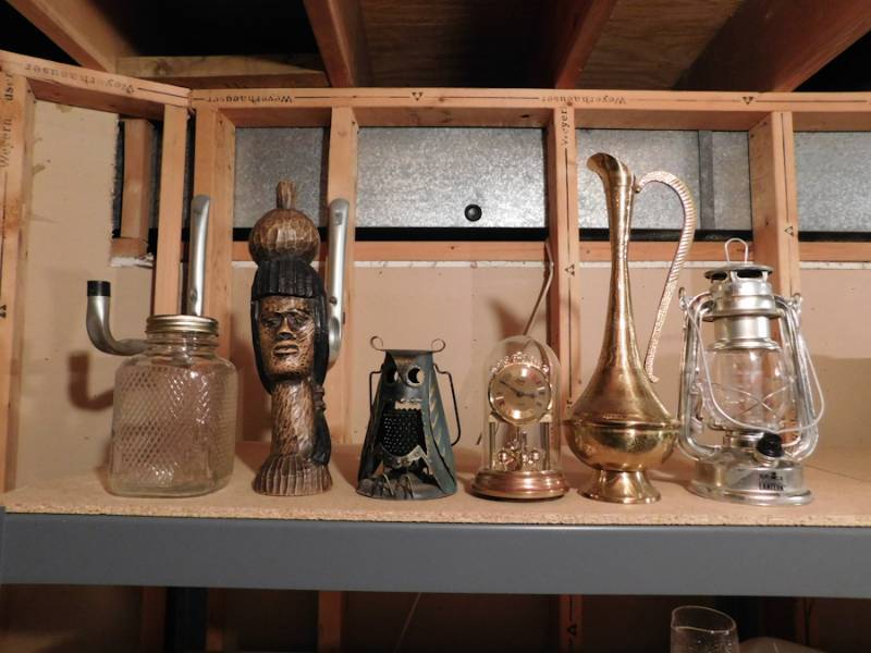 lot 195 image: square jar tin owl brass pitcher and more