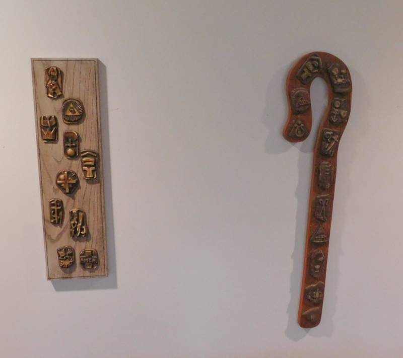 lot 207 image: Wooden Plaque and Sheppards hook with Religious symbols on them