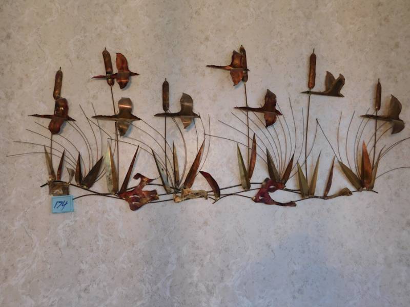 lot 174 image: vintage decorative metal wall art cattails woodland water fowl