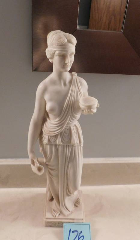 lot 176 image: White statue of roman woman with tunic and pitcher unmarked