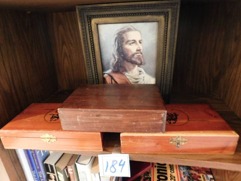 lot 184 image: three wooden boxes and a framed Jesus