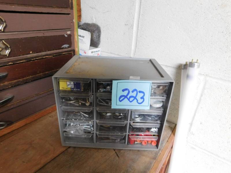 lot 223 image: hardware storage unit plastic drawers contents are included