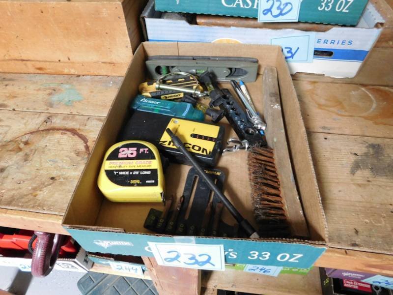 lot 232 image: garage drawer lot stud finders tape measure levels and more