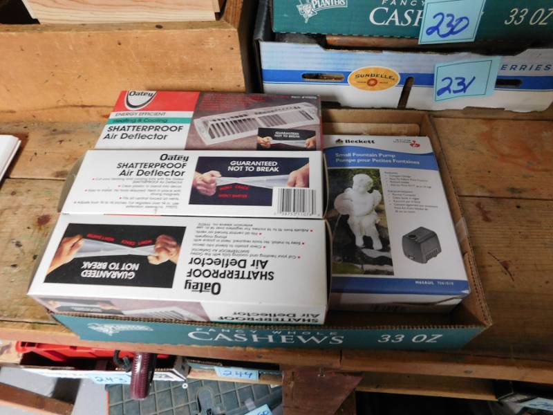 lot 235 image: three shatterproof floor vent deflectors and a water fountain pump in box
