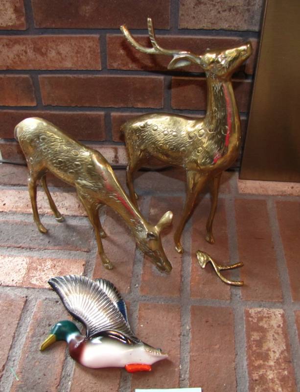 lot 163 image: woodland decor two brass deer and a plaster duck