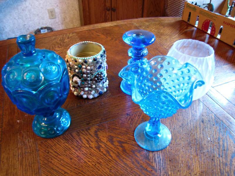 lot 75 image: two great blue glass candle holders candy dish with lid and bowl