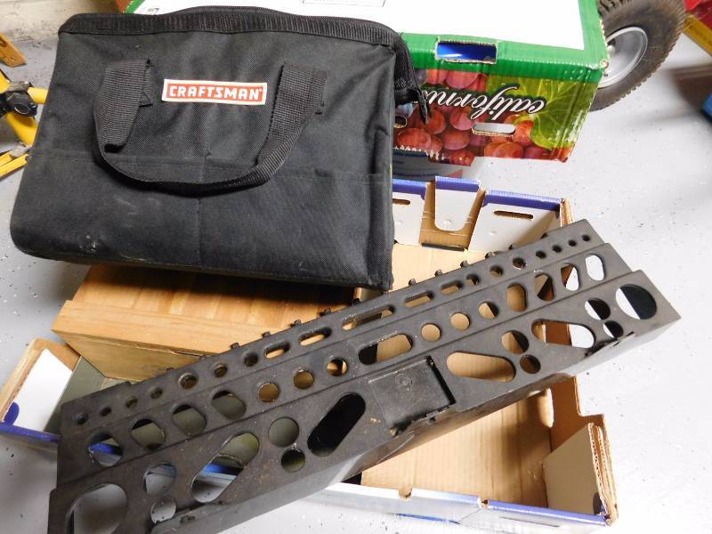 lot 251 image: tool organizer, craftsman tool bag, wooden box and metal box