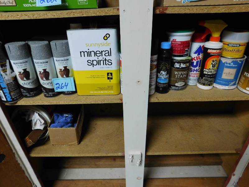 lot 264 image: shelf lot of paint supplies these are all at least 75% full stored indoors