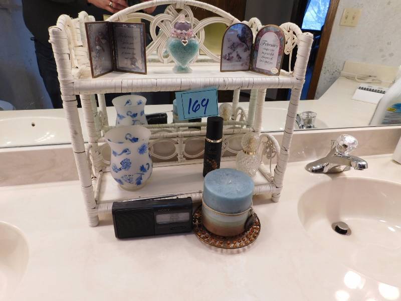 lot 169 image: white wicker wall shelf and decorative items please see photos