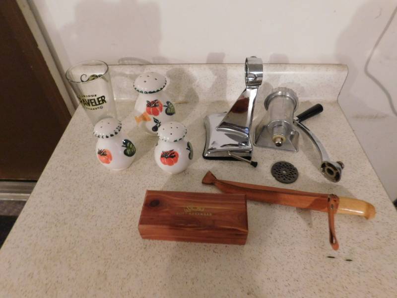 lot 281 image: filet knife sharpening stone, meat grinder, beer glass and S & P sugar shakers