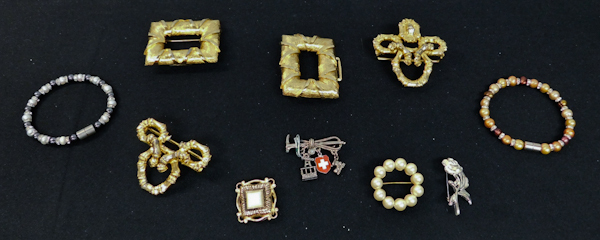lot 350 image: mixed lot couple larger belt buckles, scarf clip, bracelets, pins and more