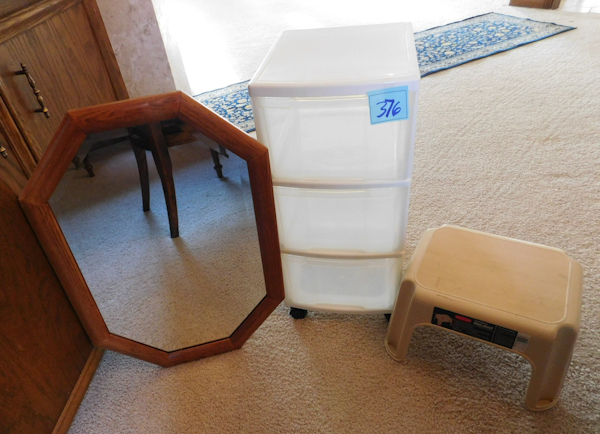 lot 376 image: wall mirror oak frame plastic drawer unit and plastic foot step stool
