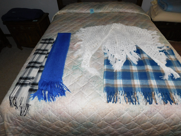 lot 386 image: two scarves one shoulder shawl and a very nice lap throw blanket