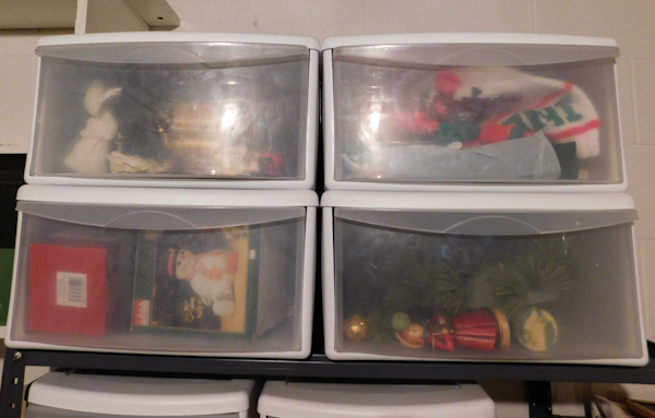 lot 390 image: 4 large plastic drawer units and the Christmas contents inside