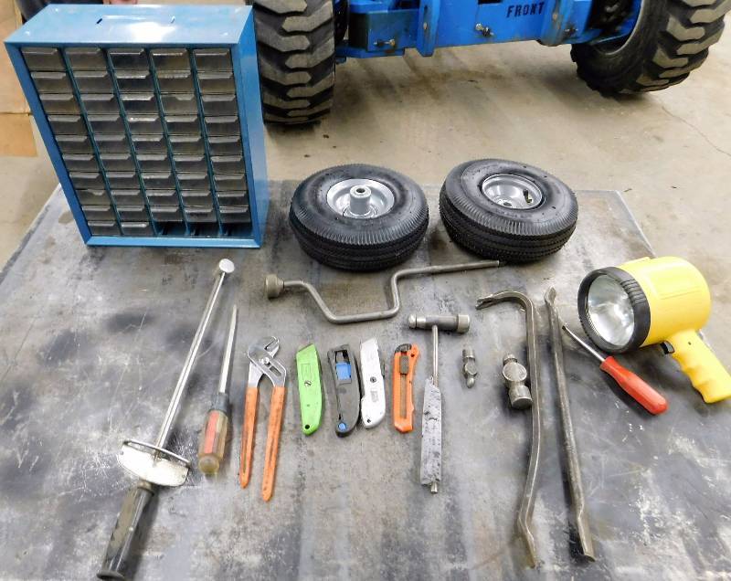 Lot of Misc Tools, Tires, Bolt Organizer & Spotlight