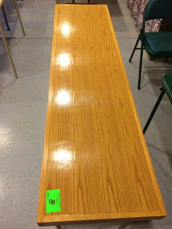 Hand Crafted Table with metal folding legs  Measures 67 long x 18 wide x27 high